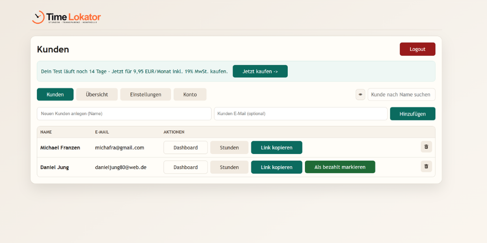 TimeLokator als bezahlt markieren, Abrechnung abschließen