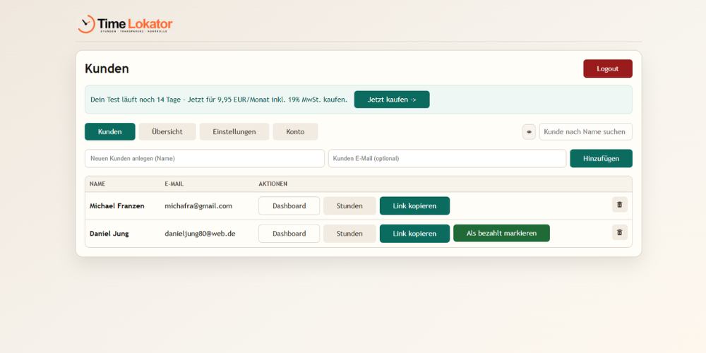 TimeLokator Kundenübersicht übersichtlich und sofort verständlich