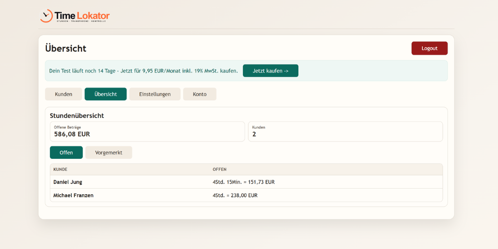 TimeLokator Übersicht, alle Kunden und offene Beträge