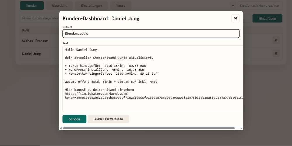 TimeLokator Zwischenstand per E-Mail senden